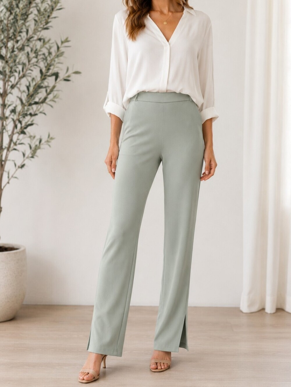 Zara Soft Sage Green Pull-On Straight Leg Pants Side Slit Hem Size S